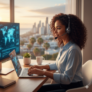 Remote working woman with headset on